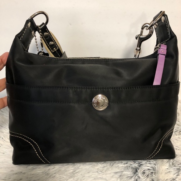 Coach Handbags - COACH Authentic black/purple satin tote bag 13”x8”